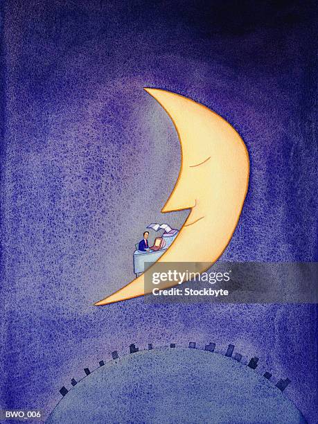 man working at desk, on crescent moon - man in the moon stock illustrations