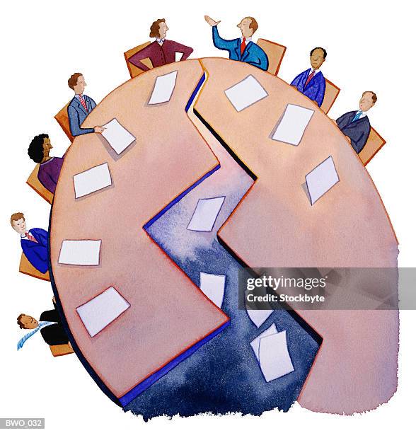 ilustraciones, imágenes clip art, dibujos animados e iconos de stock de people sitting at meeting table, arguing; table splitting down middle - full suit