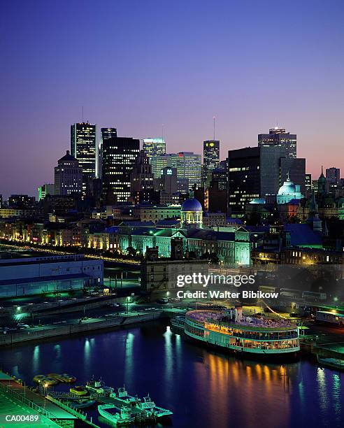 canada, quebec, montreal, waterfront and skyline, dusk, elevated view - key speakers at the international economic forum of the americas conference of montreal stockfoto's en -beelden