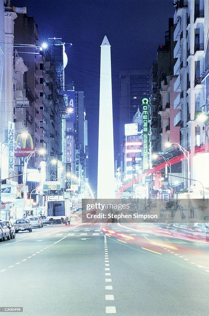 Argentina, Buenos Aires, Obelisk from Avenida Corrientes, night