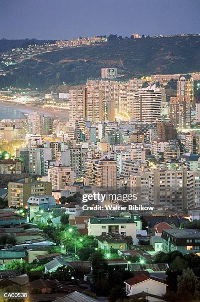 chile, valparaiso, vina del mar, skyline, dusk, elevated view - chile skyline stock pictures, royalty-free photos & images