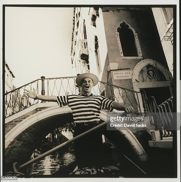 italy, venice, gondolier singing, arms outstretched (b&w) - the gondolier song stock pictures, royalty-free photos & images