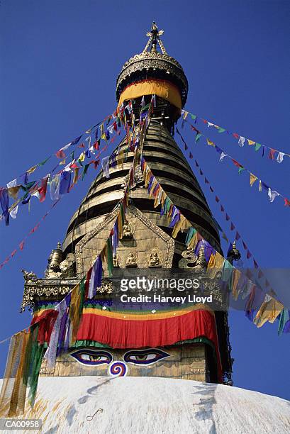 nepal, kathmandu, swayambhunath stupa, low angle view - valle de kathmandu fotografías e imágenes de stock