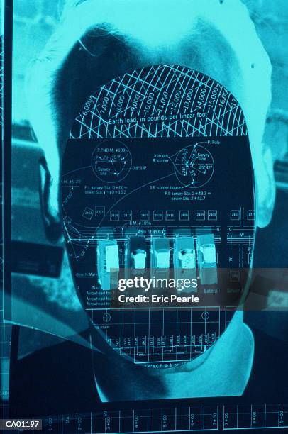 car manufacturing specification plans superimposed on man's face - car designer stock pictures, royalty-free photos & images