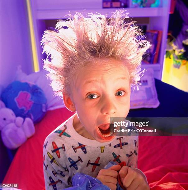 child awaking from a nightmare with hair on end - hair standing on end stock pictures, royalty-free photos & images