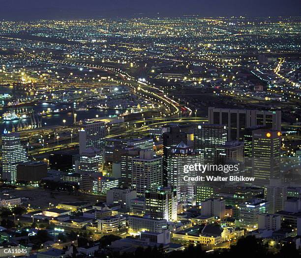 south africa, west cape, capetown, skyline, night, elevated view - cape town night stock pictures, royalty-free photos & images
