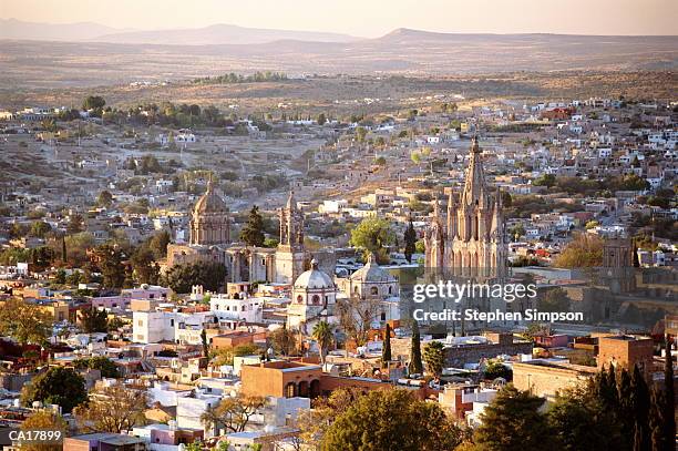 cathedral and city at dusk san miguel de allende, mexico - san miguel de allende fotografías e imágenes de stock