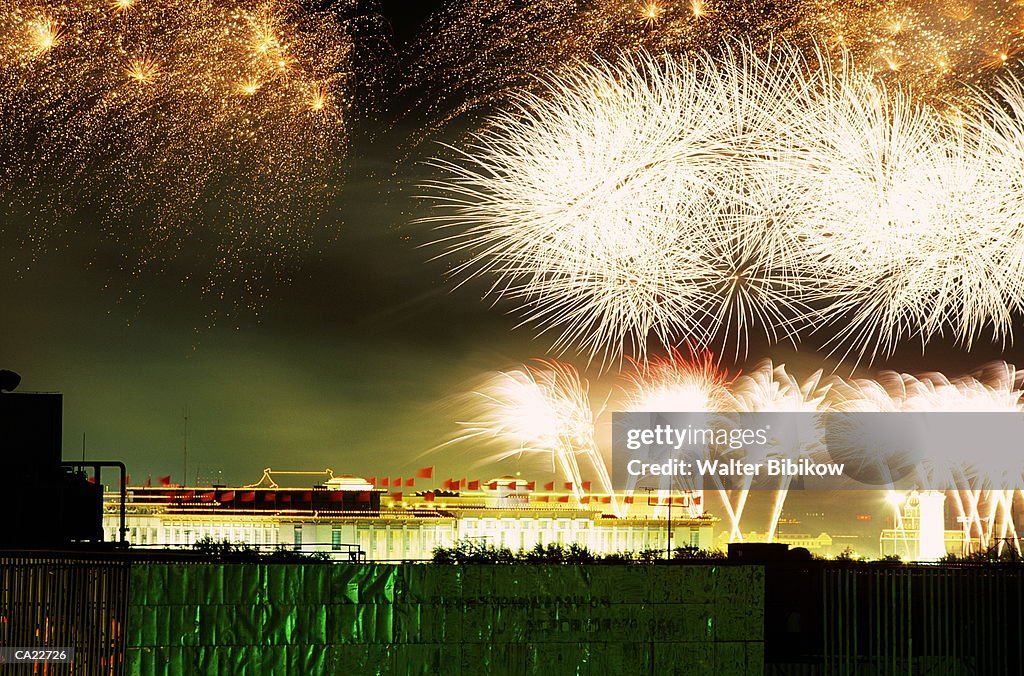 China, Beijing, fireworks over Tiananmen Square, night