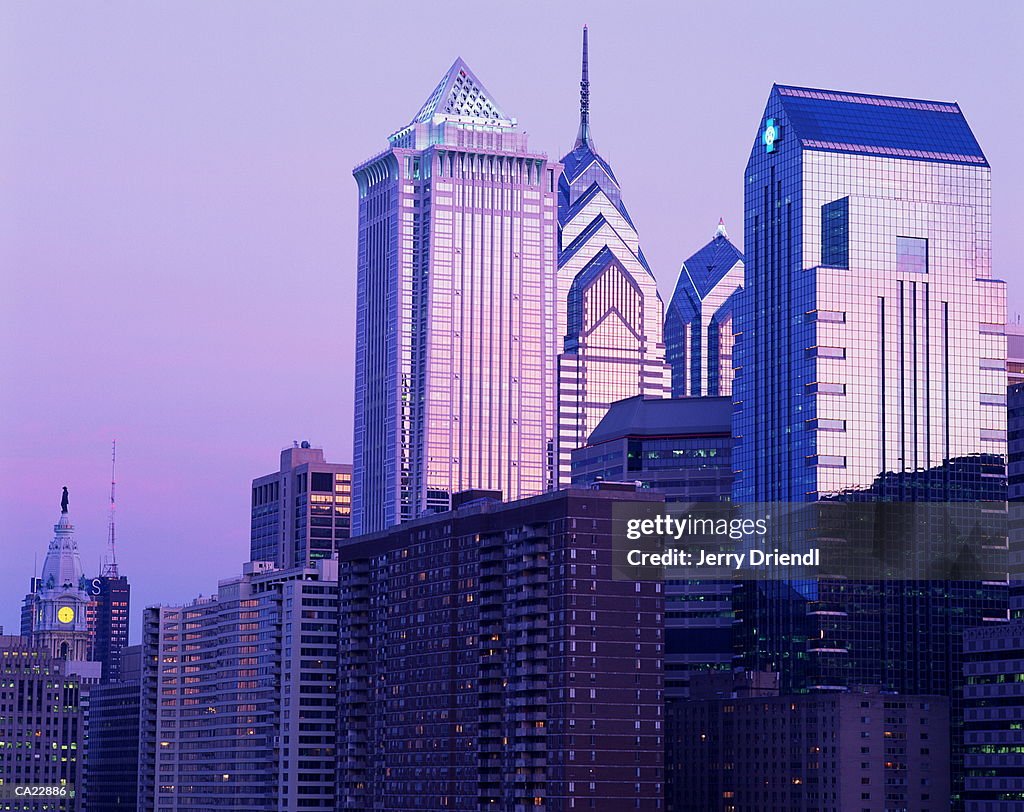 USA, Pennsylvania, Philadelphia, detail of skyscrapers, sunset