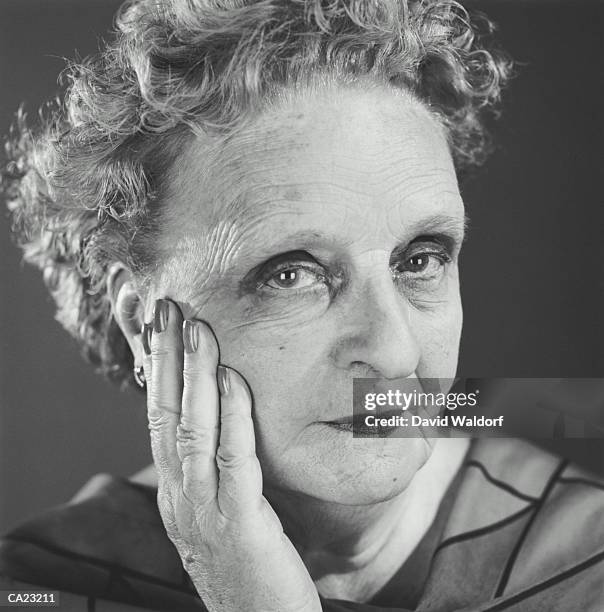 elderly woman resting head on hand, portrait, close-up (b&w) - waldorf stock pictures, royalty-free photos & images