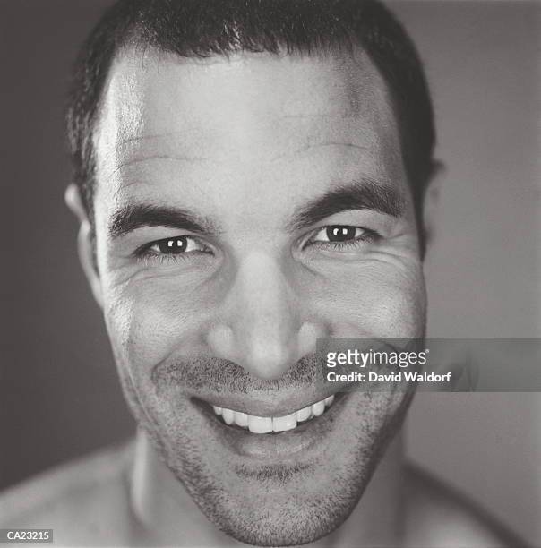 smiling man, portrait, close-up (b&w) - waldorf stock pictures, royalty-free photos & images