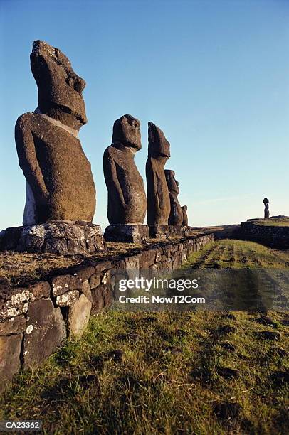 chile, easter island (ahu akivi), row of moais - com stock-fotos und bilder