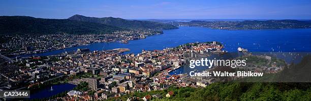 norway, bergen, city and harbour from floyen - hordaland county stock pictures, royalty-free photos & images