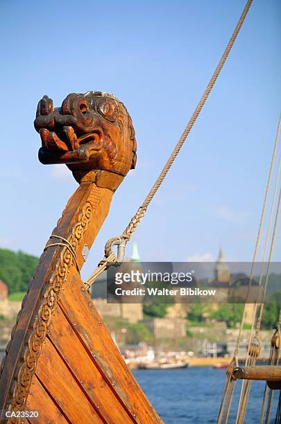 norway, oslo, bow of viking ship, close-up - viking stock pictures, royalty-free photos & images