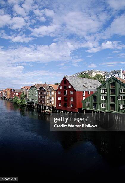 norway, trondheim, warehouses on waterfront - trøndelag stock pictures, royalty-free photos & images