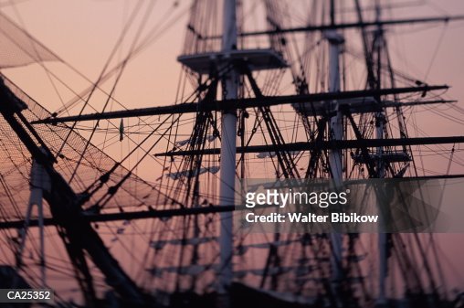 USA, Massachusets, Boston, USS Constitution masts, sunset