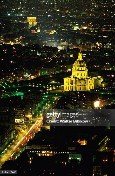 france, paris, church of the invalides at night, aerial view - walter bibikow stock pictures, royalty-free photos & images