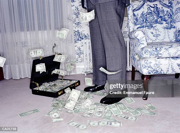 us banknotes falling around man in hotel room, low section - money to burn stock pictures, royalty-free photos & images