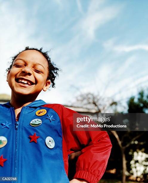 girl (6-8) smiling outdoors portrait - girl guides badges stock pictures, royalty-free photos & images