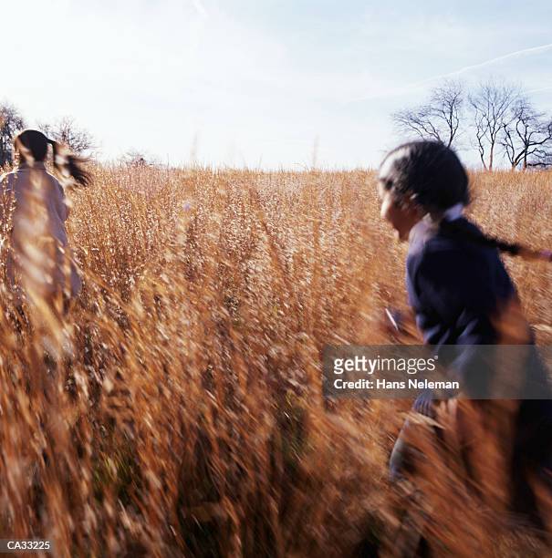 girl (6-8) running after mother through field in fall - hans neleman stockfoto's en -beelden