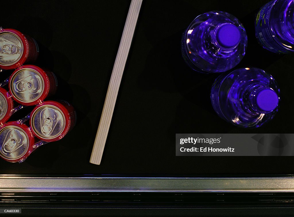 Groceries on conveyor belt, overhead view