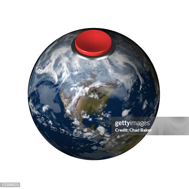 globe with a red detonator button - sprengkapsel stock-fotos und bilder