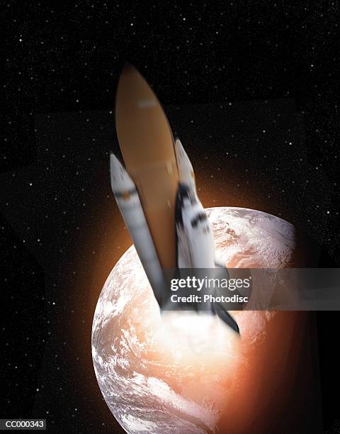 illustration of space shuttle in space over earth - space shuttle foto e immagini stock