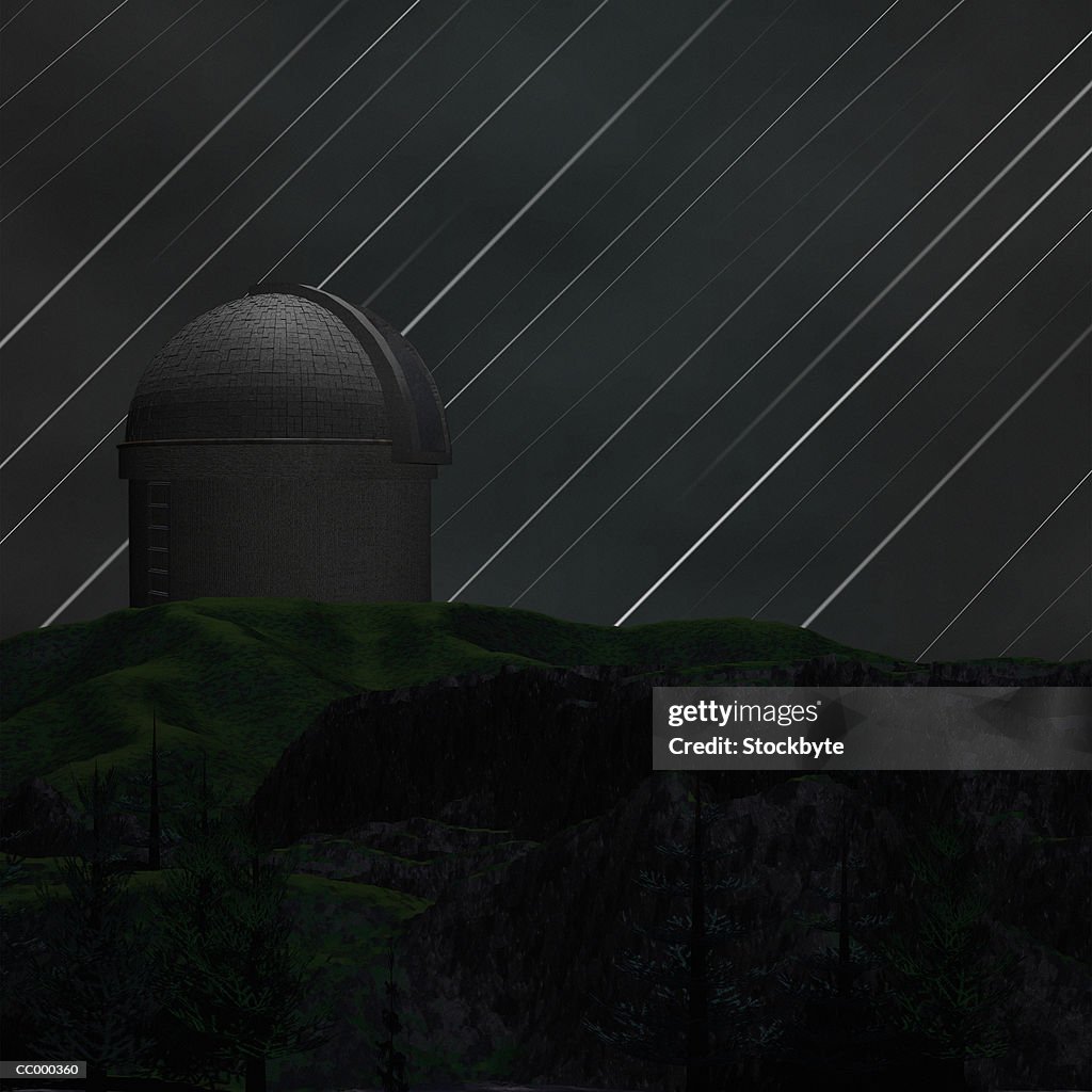 Illustration of a Meteor Shower and an Observatory