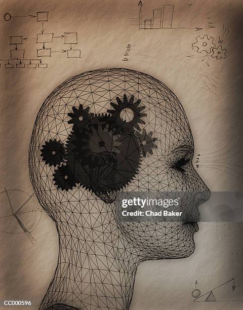 gears inside of a woman's head - man and machine stock illustrations