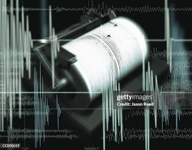 composite image of a chart and a richter scale - seismograph stock pictures, royalty-free photos & images