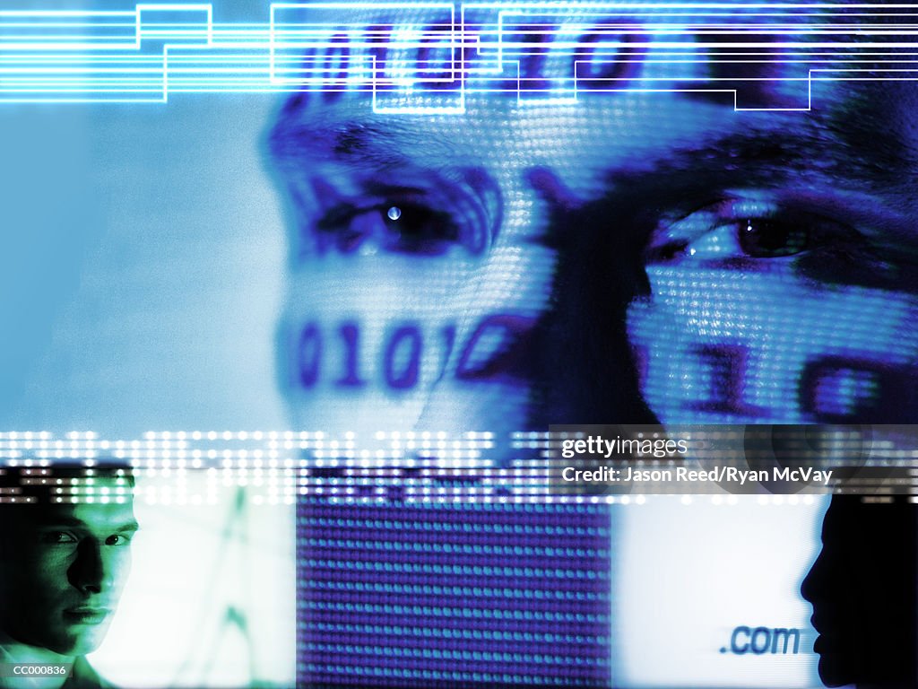 Man and binary code projection, close-up (Digital Composite)