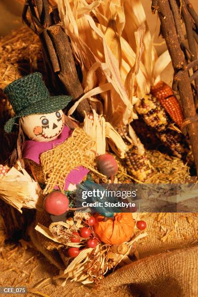 scarecrow doll surrounded by harvest vegetables - indian corn stock-fotos und bilder