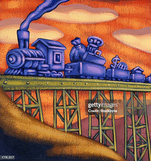 stockillustraties, clipart, cartoons en iconen met train going over bridge, pulling boxcars full of financial symbols - rail freight