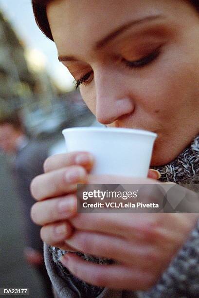 woman drinking out of cup, close-up - leila stock pictures, royalty-free photos & images