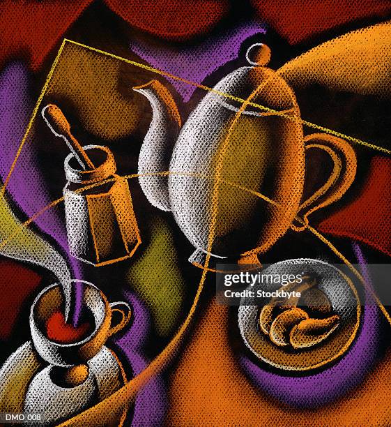 tea set and croissant on plate - continental breakfast stock illustrations