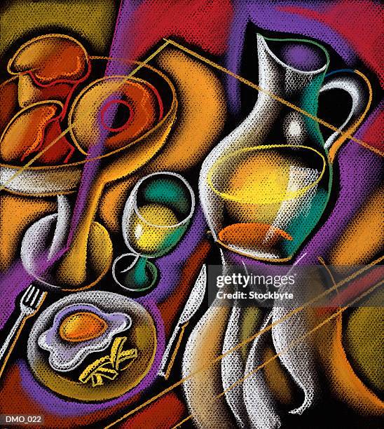 eggs, juice, doughnuts and muffins - egg muffins stock illustrations