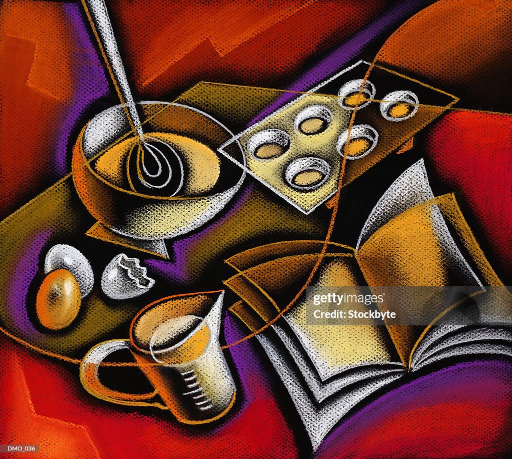 Recipe book, eggs, measuring cup, bowl, whisk and muffin tin