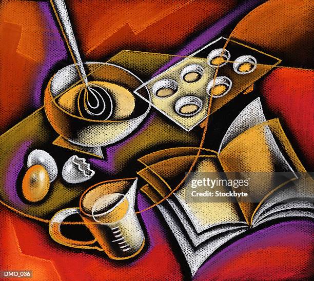 recipe book, eggs, measuring cup, bowl, whisk and muffin tin - muffin tin stock illustrations