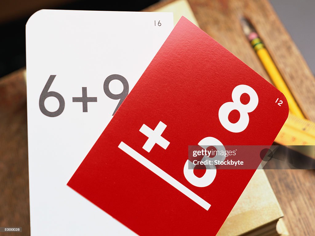 Red and white addition flash cards