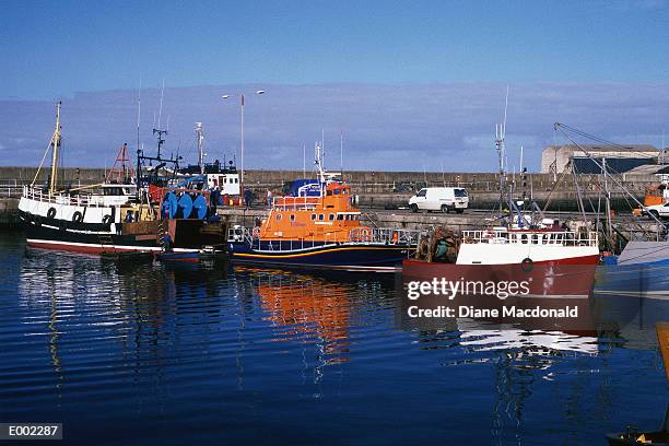 boats docked in buckie harbour, scotland - grampian scotland stock-fotos und bilder