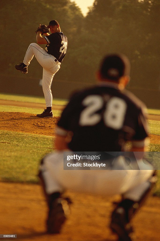 View from home plate of pitcher winding-up