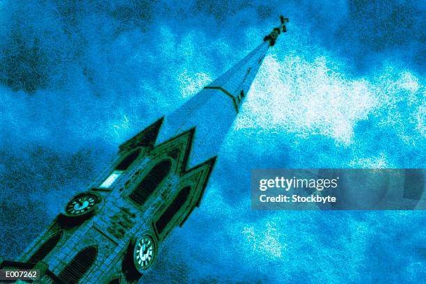 threatening church steeple in blue cast - cast of creed stock pictures, royalty-free photos & images
