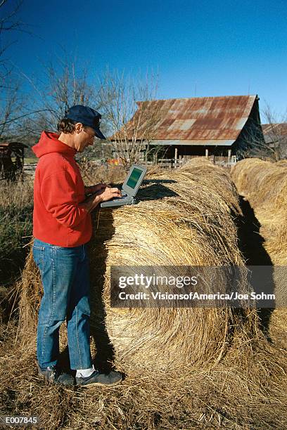 farmer using laptop, leaning on hay bale - hay fotografías e imágenes de stock