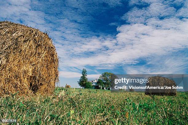 rolled hay bale with farmhouse beyond - hay fotografías e imágenes de stock