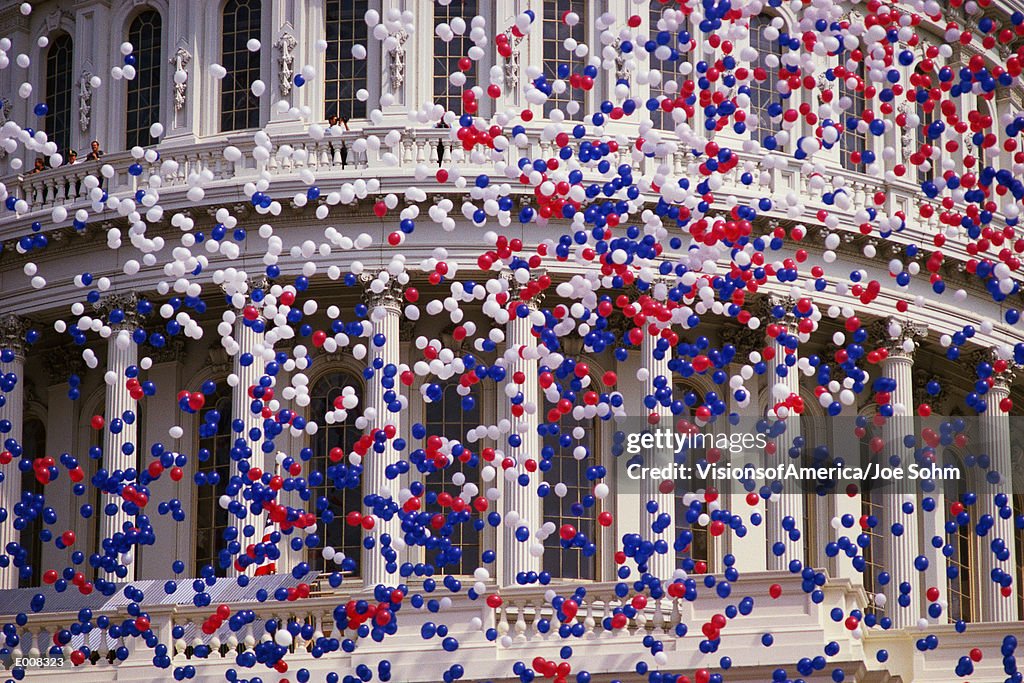 Detail of Capitol Building with red, white, and blue balloons