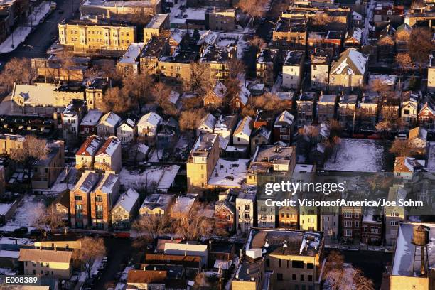 aerial view of wintry chicago suburbs - cook county illinois stockfoto's en -beelden