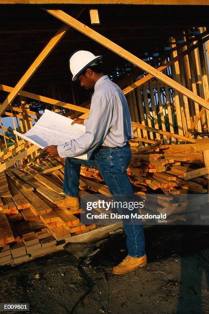 foreman reviewing blue prints in front of frame - foreman stock pictures, royalty-free photos & images