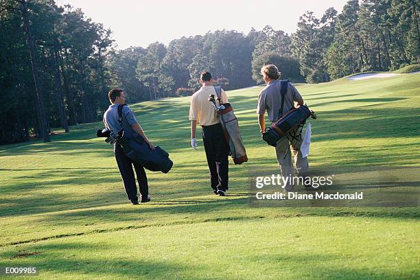 rear view of golfers walking through green - amateur golfer stock pictures, royalty-free photos & images