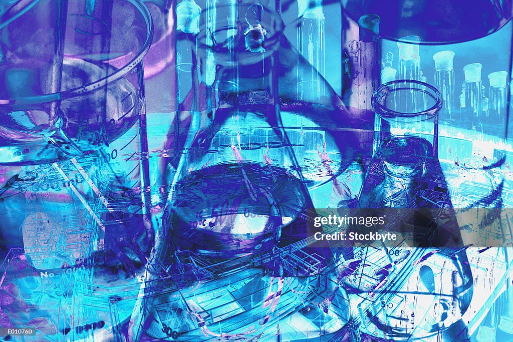 Laboratory beakers in blue tones
