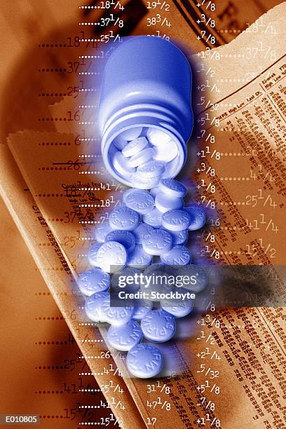 ilustrações de stock, clip art, desenhos animados e ícones de blue bottle of aspirin with stock quotes behind - aspirin